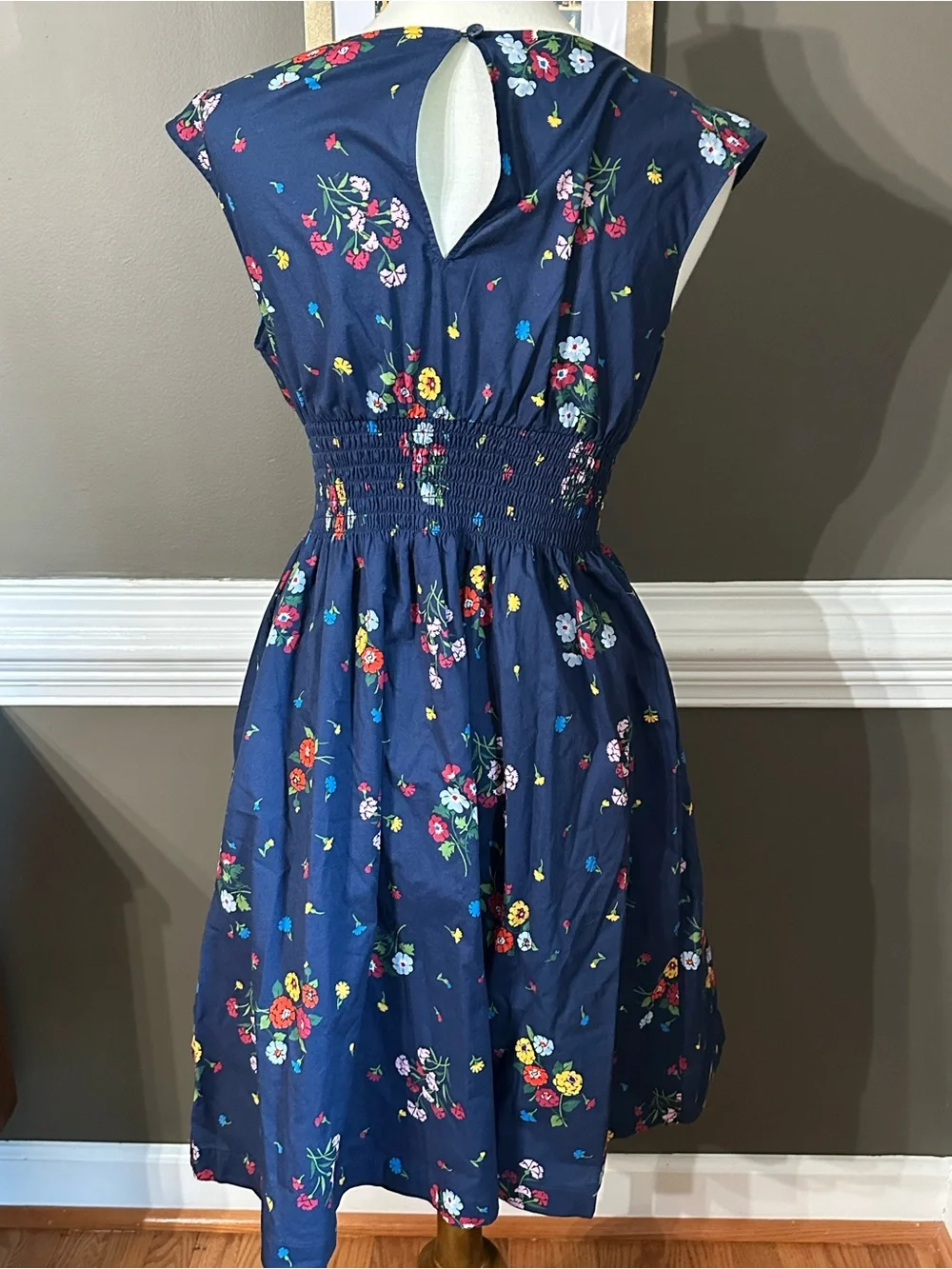 Kate Spade NY Navy Floral Smocked-Waist Sundress. Size S